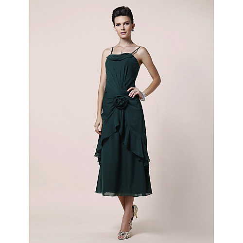 

A-Line Mother of the Bride Dress Floral Spaghetti Strap Tea Length Chiffon Sleeveless with Side Draping Flower 2021