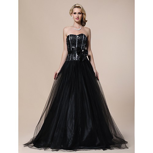 

Ball Gown Sparkle & Shine Quinceanera Prom Formal Evening Dress Sweetheart Neckline Strapless Sleeveless Floor Length Tulle Sequined with Sash / Ribbon Bow(s) Crystals 2021