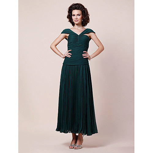 

Sheath / Column Mother of the Bride Dress V Neck Tea Length Chiffon Short Sleeve with Pleats Ruched Beading 2021