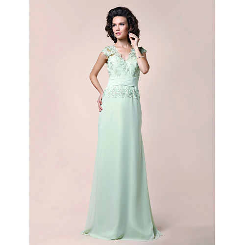 

A-Line Mother of the Bride Dress Elegant V Neck Floor Length Chiffon Beaded Lace Sleeveless with Lace Ruched Beading 2021