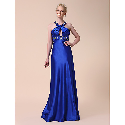 

Sheath / Column Formal Evening Military Ball Dress Halter Neck Jewel Neck Sleeveless Floor Length Stretch Satin with Crystals Beading Draping 2021