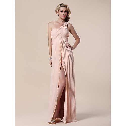 

Sheath / Column Formal Evening Military Ball Dress One Shoulder Sleeveless Floor Length Chiffon Stretch Satin with Criss Cross Pleats Side Draping 2021