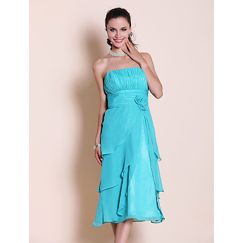 

Sheath / Column Strapless Tea Length Chiffon Bridesmaid Dress with Ruched / Draping / Split Front