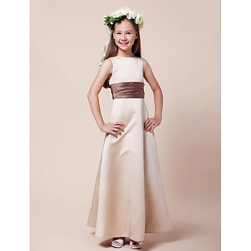 

Princess / A-Line Bateau Neck Floor Length Satin Junior Bridesmaid Dress with Sash / Ribbon / Ruched / Spring / Summer / Fall / Winter / Apple