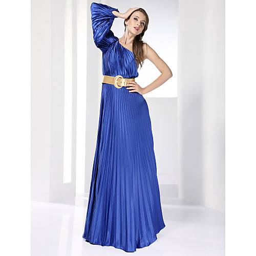

A-Line Formal Evening Military Ball Dress One Shoulder Long Sleeve Floor Length Stretch Satin with Sash / Ribbon Pleats Draping 2021