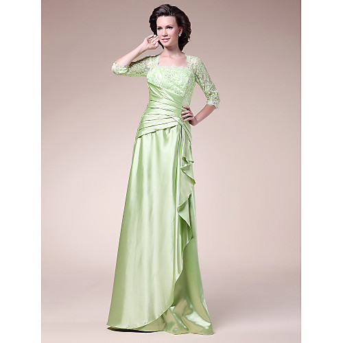 

A-Line Mother of the Bride Dress See Through Square Neck Floor Length Satin Half Sleeve with Lace Criss Cross Ruched 2021