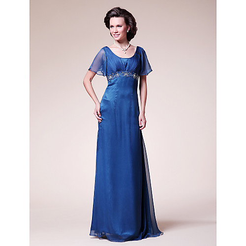 

A-Line Mother of the Bride Dress Scoop Neck Floor Length Chiffon Short Sleeve with Beading Draping Side Draping 2021