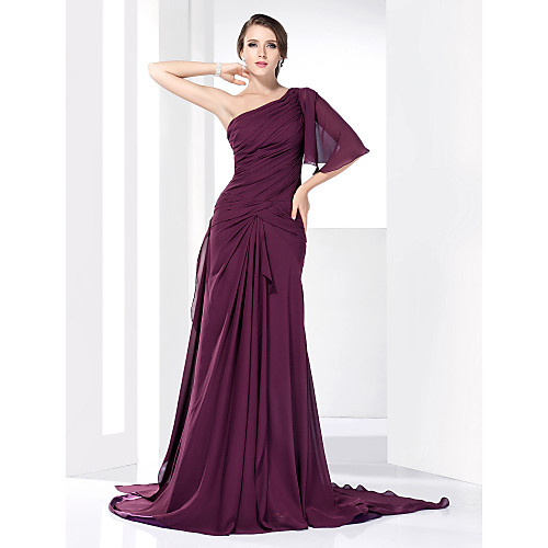 

Ball Gown Formal Evening Dress One Shoulder Half Sleeve Court Train Chiffon Satin with Draping Side Draping 2021