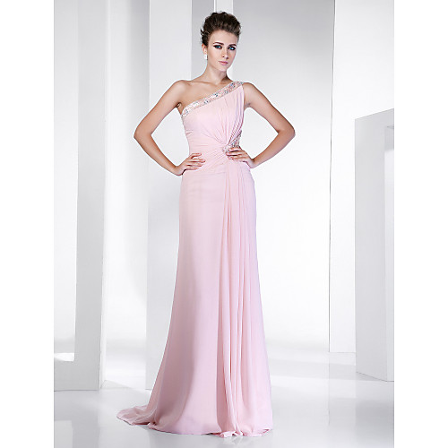 

Sheath / Column Celebrity Style Elegant Formal Evening Dress One Shoulder Sleeveless Sweep / Brush Train Chiffon with Beading Draping 2021