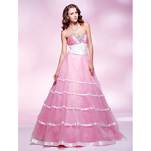 

Ball Gown Vintage Inspired Quinceanera Prom Formal Evening Dress Sweetheart Neckline Strapless Sleeveless Floor Length Organza Stretch Satin with Sash / Ribbon Ruched Crystals 2021