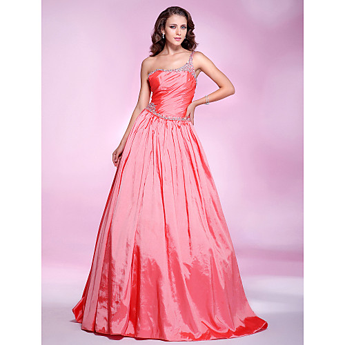 

Ball Gown Quinceanera Prom Formal Evening Dress One Shoulder Sleeveless Floor Length Taffeta with Ruched Beading Draping 2021