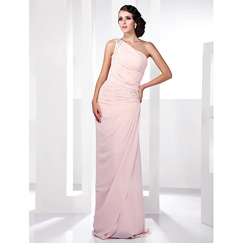 

Sheath / Column Elegant Prom Formal Evening Military Ball Dress One Shoulder Sleeveless Floor Length Chiffon with Beading Side Draping 2021