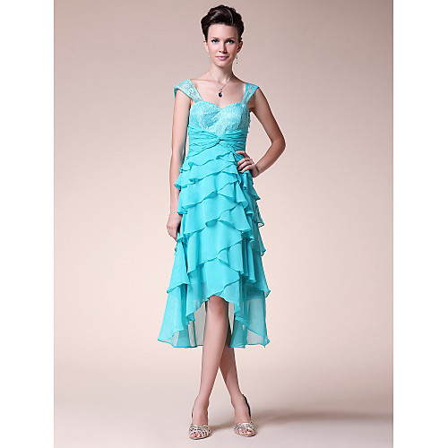 

A-Line Mother of the Bride Dress Open Back Straps Sweetheart Neckline Asymmetrical Chiffon Floral Lace Sleeveless with Ruffles Flounced 2021