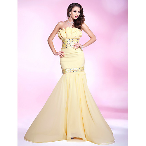 

Mermaid / Trumpet Elegant Engagement Formal Evening Dress Strapless Sleeveless Sweep / Brush Train Chiffon Stretch Satin with Beading Ruffles 2021
