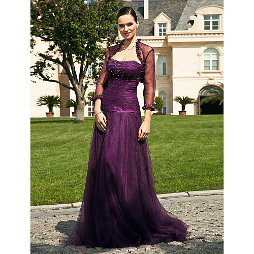 

A-Line Mother of the Bride Dress Wrap Included Sweetheart Neckline Strapless Floor Length Tulle 3/4 Length Sleeve with Ruched Beading Draping 2021