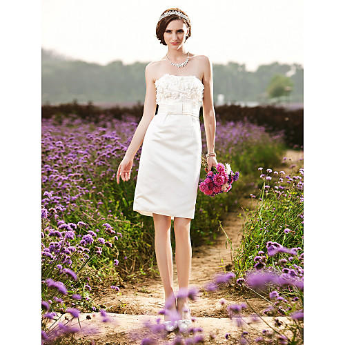 

Sheath / Column Wedding Dresses Strapless Knee Length Satin Sleeveless Little White Dress with Bowknot Sash / Ribbon Ruched 2021