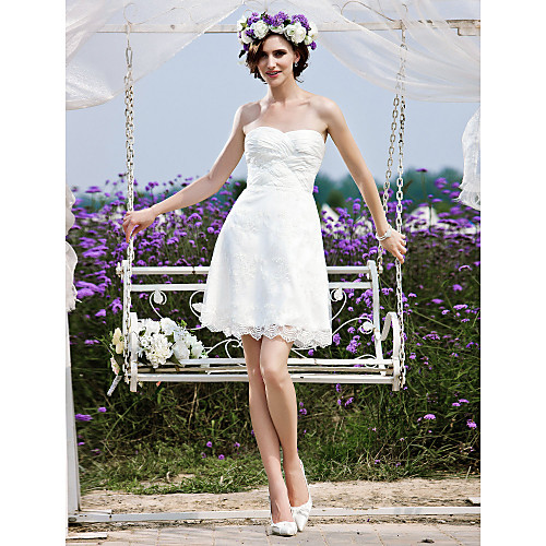 

Princess A-Line Wedding Dresses Strapless Short / Mini Chiffon Lace Sleeveless Little White Dress with 2021