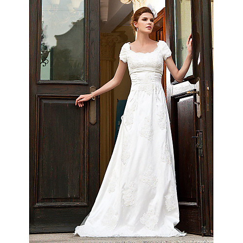 

Princess A-Line Sheath / Column Wedding Dresses Scalloped-Edge Sweep / Brush Train Lace Organza Short Sleeve with 2021