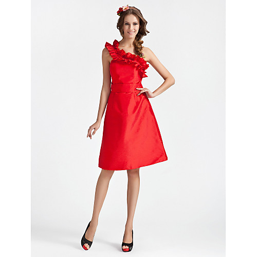 

Princess / A-Line One Shoulder Knee Length Taffeta Bridesmaid Dress with Sash / Ribbon / Ruffles