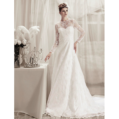 

Princess A-Line Wedding Dresses Jewel Neck Court Train Lace Satin Long Sleeve with 2021