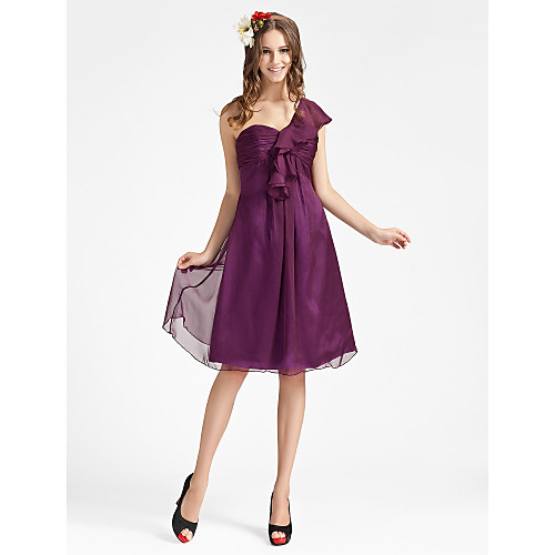 

Sheath / Column One Shoulder Knee Length Chiffon Bridesmaid Dress with Ruched / Ruffles / Draping
