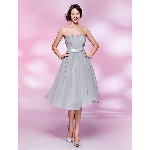 

Ball Gown Open Back Homecoming Cocktail Party Dress Sweetheart Neckline Strapless Sleeveless Knee Length Chiffon Stretch Satin with Sash / Ribbon Beading Draping 2021