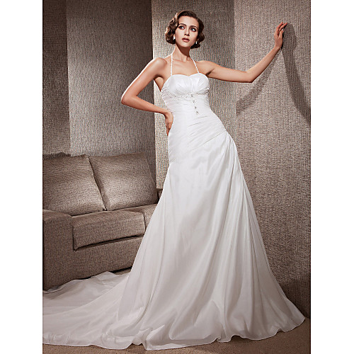 

Princess A-Line Wedding Dresses Halter Neck Sweetheart Neckline Court Train Taffeta Sleeveless with 2021