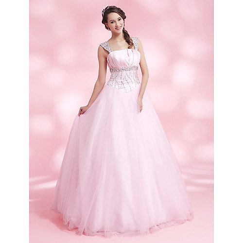 

Ball Gown Quinceanera Prom Formal Evening Dress Straps Sleeveless Floor Length Satin Tulle with Crystals Beading Sequin 2021