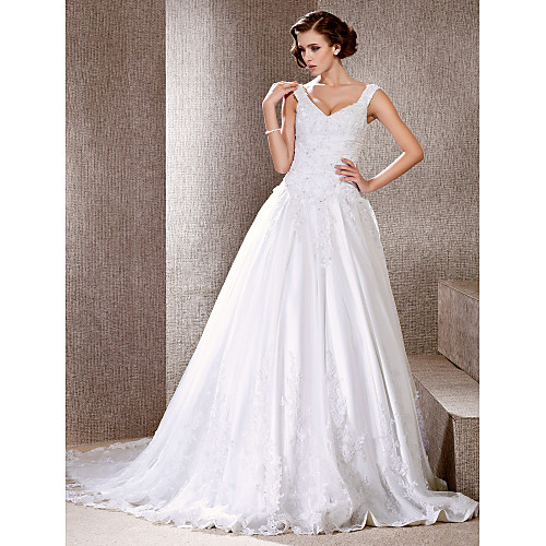 

Princess A-Line Wedding Dresses V Neck Cathedral Train Satin Tulle Sleeveless with 2021