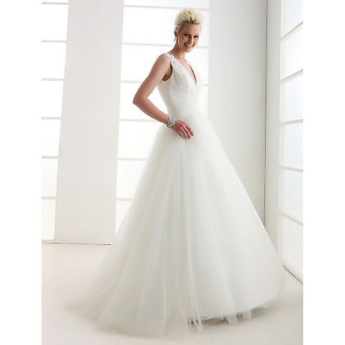 

Ball Gown Wedding Dresses V Neck Floor Length Tulle Regular Straps Open Back with Beading Criss-Cross 2021