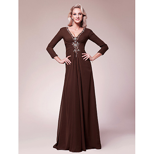 

A-Line Mother of the Bride Dress V Neck Floor Length Chiffon 3/4 Length Sleeve with Beading Side Draping 2021