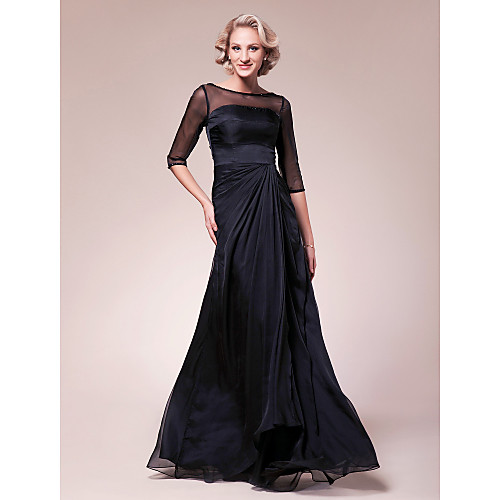 

A-Line Mother of the Bride Dress See Through Bateau Neck Floor Length Chiffon Stretch Satin Half Sleeve with Beading Side Draping 2021