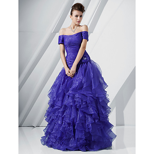 

Ball Gown Floral Quinceanera Prom Formal Evening Dress Off Shoulder Short Sleeve Floor Length Organza with Ruched Cascading Ruffles Flower 2021