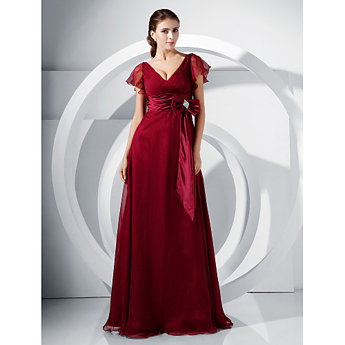 

Ball Gown Elegant Formal Evening Military Ball Dress V Neck Short Sleeve Floor Length Chiffon Stretch Satin with Sash / Ribbon Bow(s) Ruched 2021