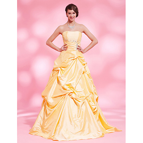 

Ball Gown Open Back Quinceanera Prom Formal Evening Dress Strapless Sleeveless Floor Length Taffeta with Pick Up Skirt Crystals Beading 2021