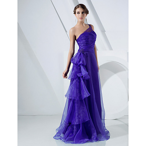 

A-Line Elegant Formal Evening Military Ball Dress One Shoulder Sleeveless Floor Length Organza with Side Draping Cascading Ruffles 2021