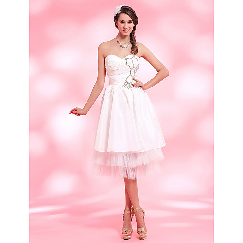

Ball Gown Homecoming Graduation Cocktail Party Dress Sweetheart Neckline Strapless Sleeveless Tea Length Taffeta Tulle with Ruched Crystals Draping 2021