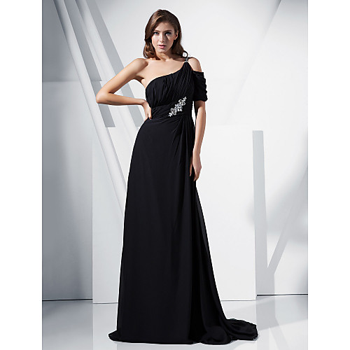 

Ball Gown Formal Evening Military Ball Dress Off Shoulder Short Sleeve Sweep / Brush Train Chiffon Stretch Satin with Beading Draping Crystal Brooch 2021