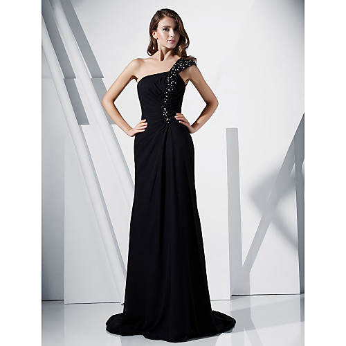 

Sheath / Column Formal Evening Dress One Shoulder Sleeveless Sweep / Brush Train Chiffon Stretch Satin with Beading Side Draping 2021