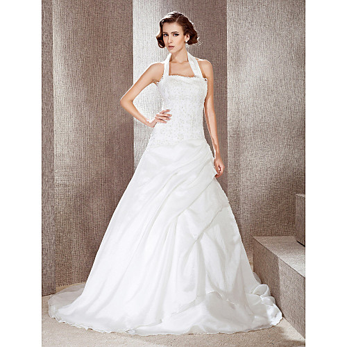 

Princess A-Line Wedding Dresses Halter Neck Scalloped-Edge Chapel Train Organza Satin Sleeveless with 2021