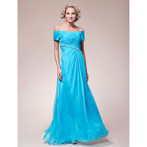

A-Line Mother of the Bride Dress Off Shoulder Floor Length Chiffon Short Sleeve with Beading Draping Side Draping 2021