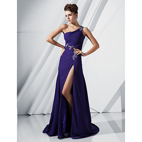 

Ball Gown Formal Evening Military Ball Dress One Shoulder Sleeveless Sweep / Brush Train Chiffon with Crystals Beading Appliques 2021