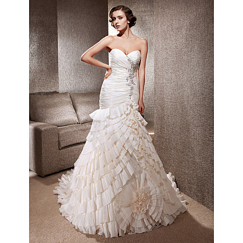 

Mermaid / Trumpet Wedding Dresses Sweetheart Neckline Spaghetti Strap Chapel Train Taffeta Sleeveless with 2021