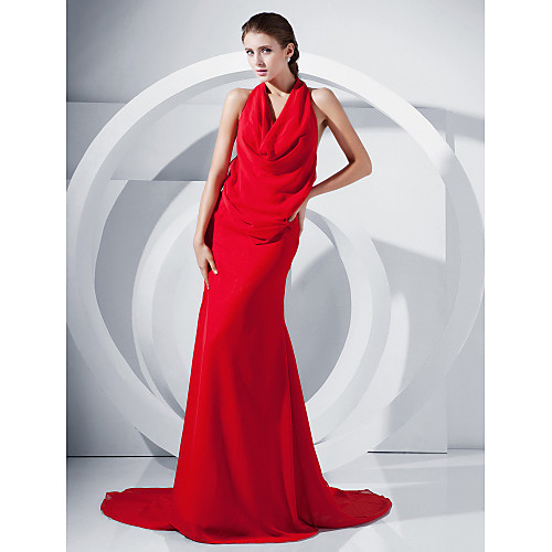 

Mermaid / Trumpet Formal Evening Dress Halter Neck V Neck Sleeveless Court Train Chiffon with Draping Side Draping 2021