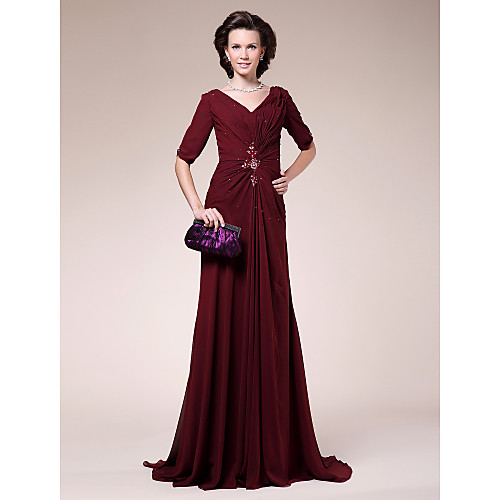 

Sheath / Column Mother of the Bride Dress Elegant V Neck Sweep / Brush Train Chiffon Half Sleeve with Beading Draping Side Draping 2021