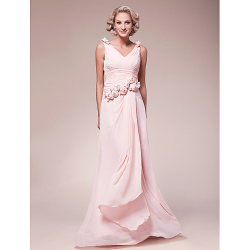 

A-Line Mother of the Bride Dress V Neck Floor Length Chiffon Sleeveless with Ruched Ruffles Side Draping 2021