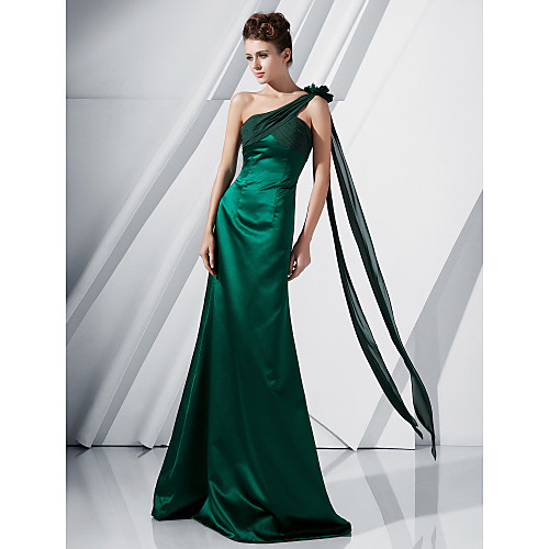 

Ball Gown Open Back Formal Evening Military Ball Dress One Shoulder Sleeveless Floor Length Chiffon Satin with Side Draping Flower 2021