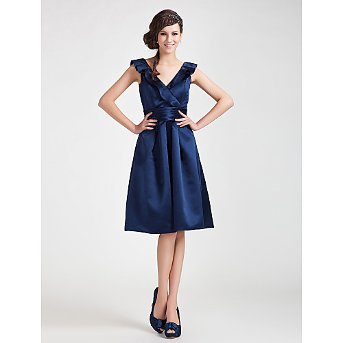 

Princess / A-Line V Neck Knee Length Satin Bridesmaid Dress with Sash / Ribbon / Ruched / Ruffles / Open Back