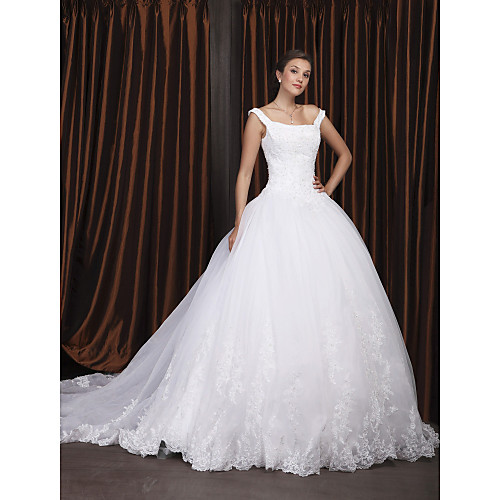 

Ball Gown Wedding Dresses Square Neck Chapel Train Organza Floral Lace Regular Straps Glamorous Plus Size with Beading Appliques 2021