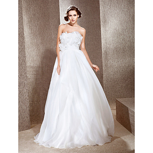 

Princess A-Line Wedding Dresses Strapless Floor Length Organza Satin Sleeveless with 2021
